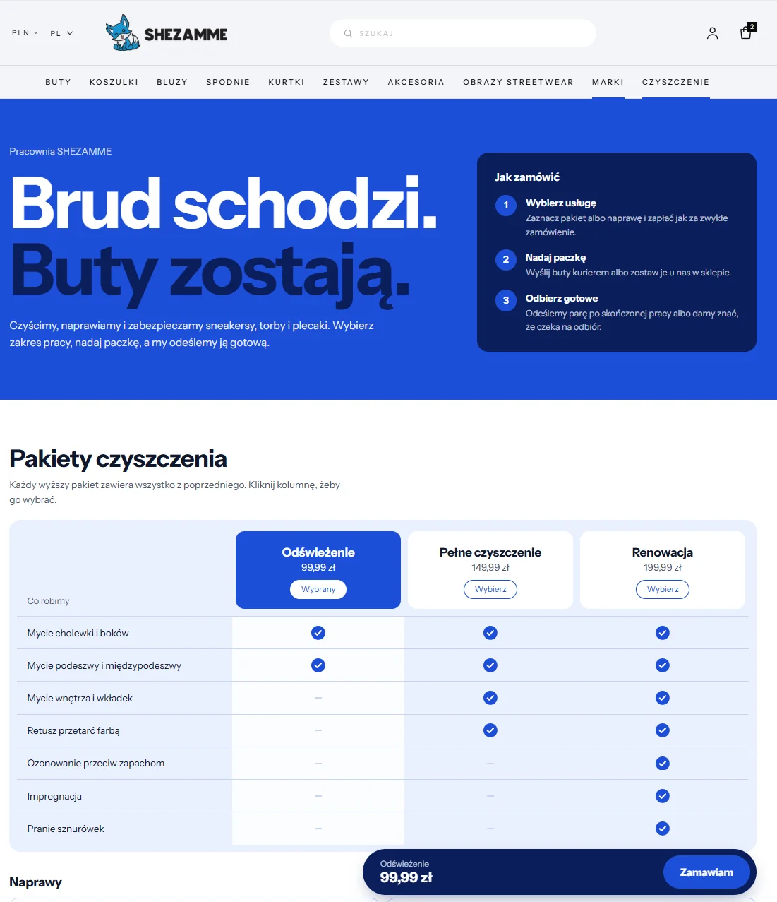 Strona usługi czyszczenia butów z tabelą pakietów i paskiem zamówienia