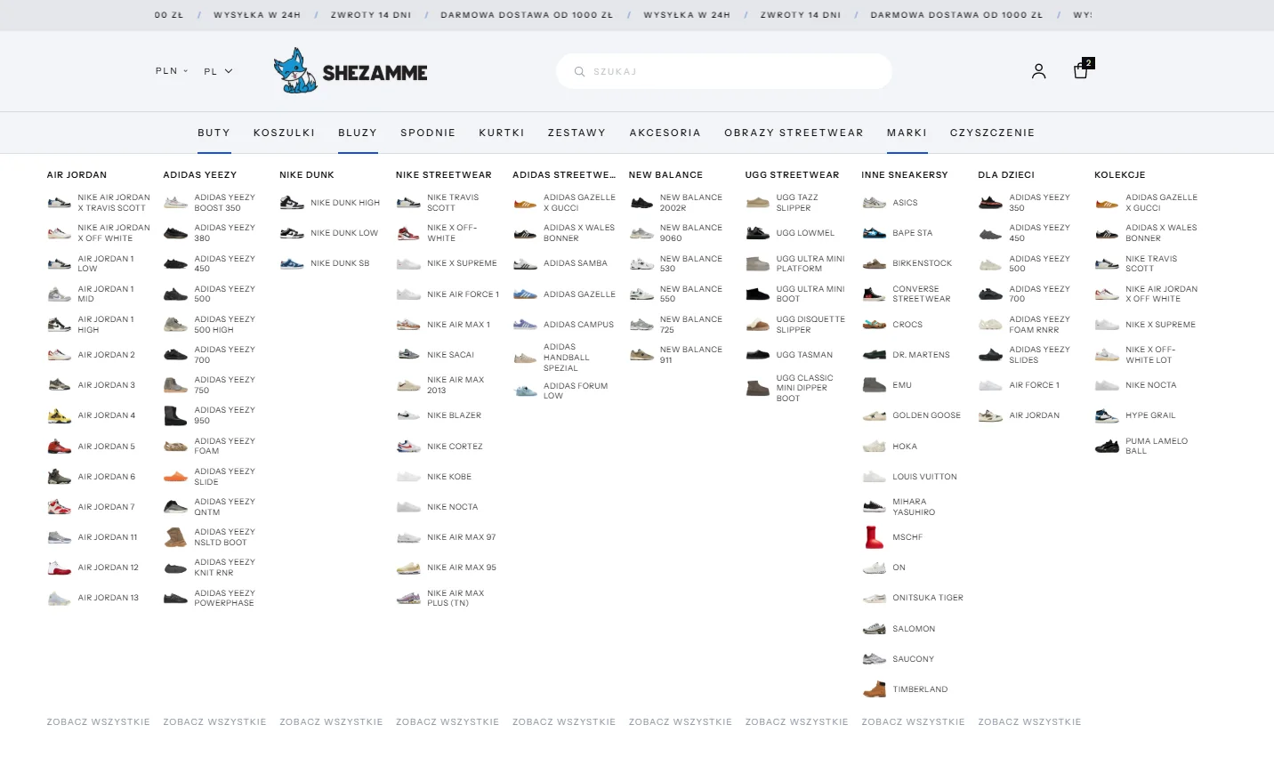 Mega menu SHEZAMME z miniaturami modeli w dziesięciu kolumnach